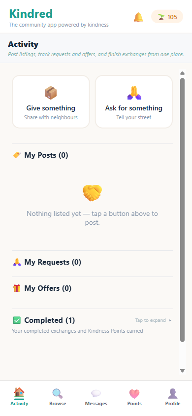 The Kindred app Activity dashboard showing posts, requests, offers, and completed exchanges